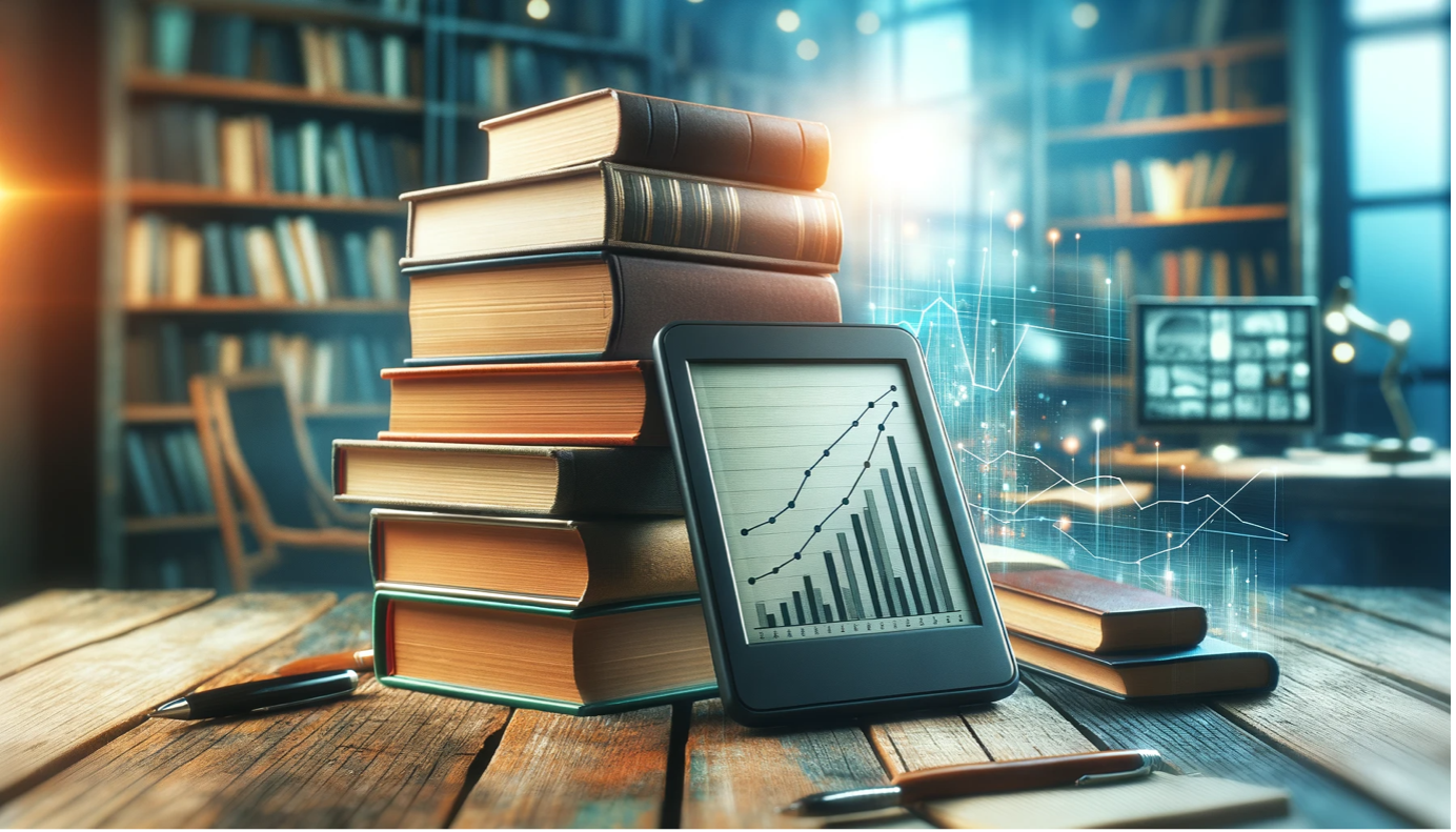 Charts displayed on an e-reader propped against a stack of books.