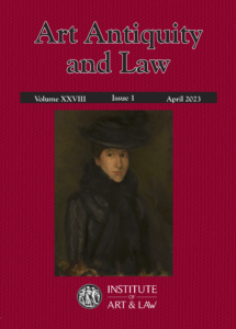 Front cover of the Special Issue featuring a black title on a red background 'Art Antiquity and Law', followed by a reproduction of James Abbott McNeill Whistler's (1834-1903), The Black Hat – Miss Rosalind Birnie Philip, 1900-1902, oil on canvas.