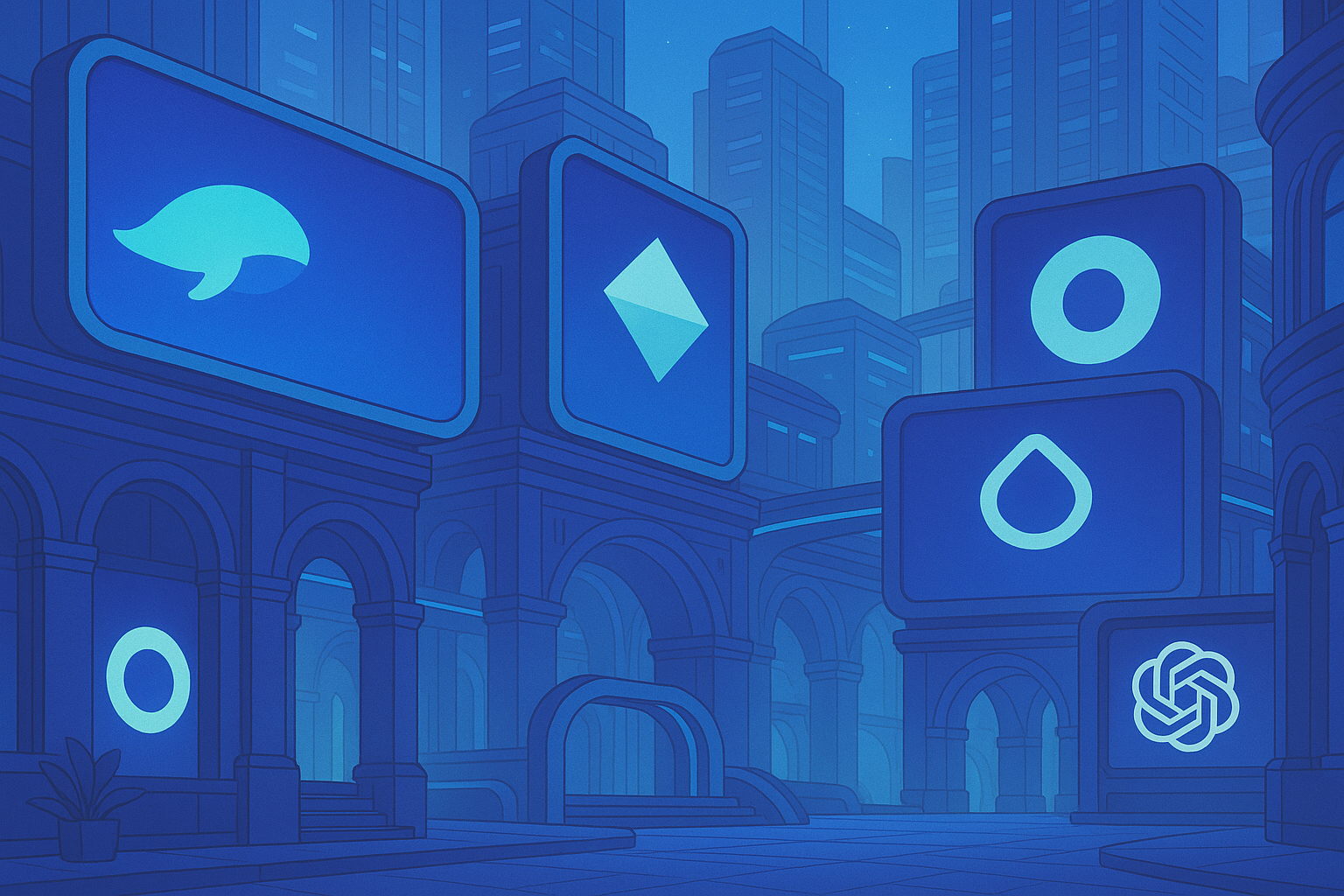 Illustration generated by CHatGPT. It depicts a blue metaverse with skyscrapers and billboards displaying geometrical logos, one of which is ChatGPT's logo.