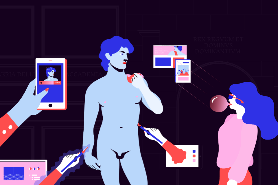 Illustration by Sophie Natta, depicting Michelangelo's David with red lipstick, a woman, a hand taking a photo with a phone, two hands painting the statue, and web interfaces.