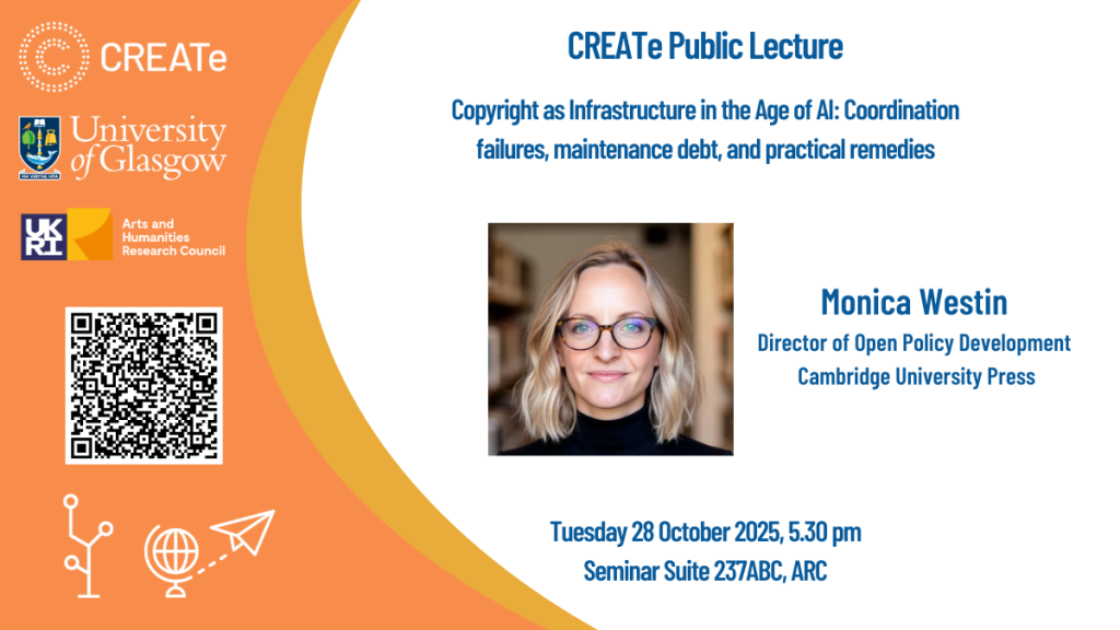 Banner in orange and white with a picture of Monica Westin with information about the public lecture on Tuesday 28 October, 5:30pm at the ARC.
