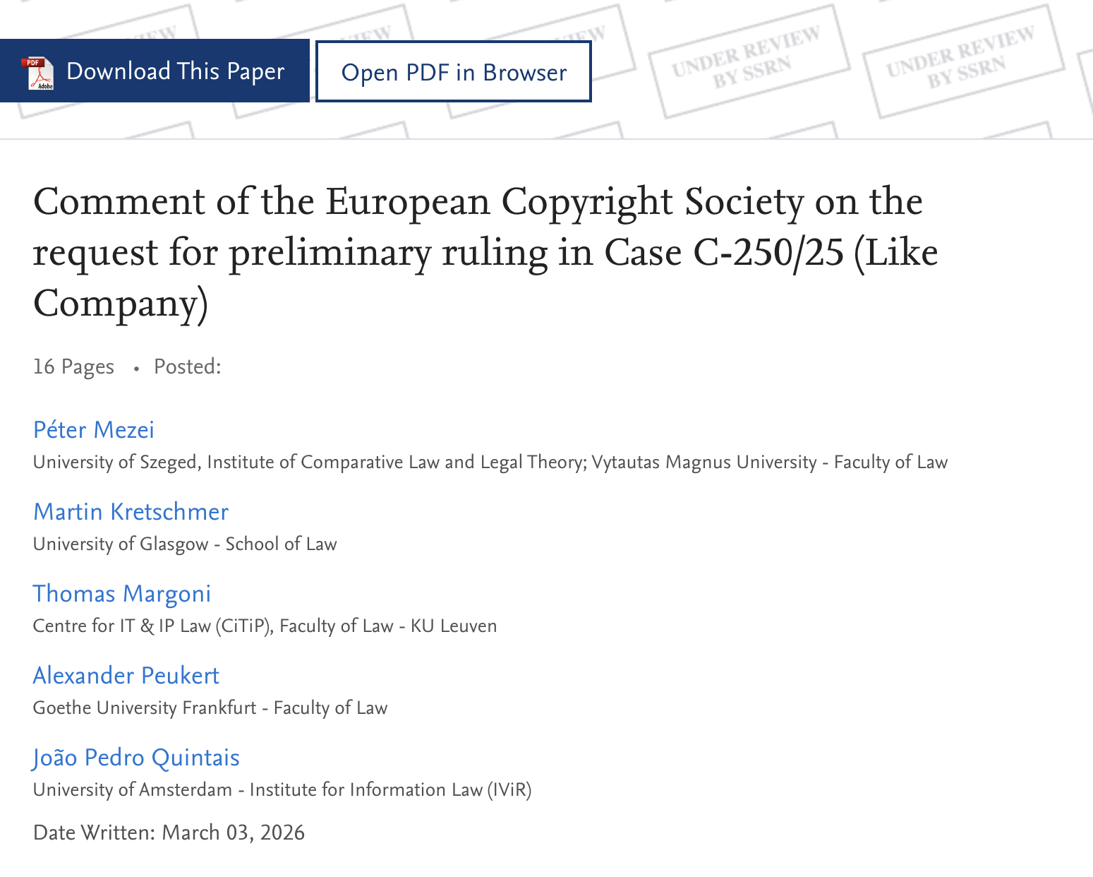 SSRN Screenshot of the cover of the publication