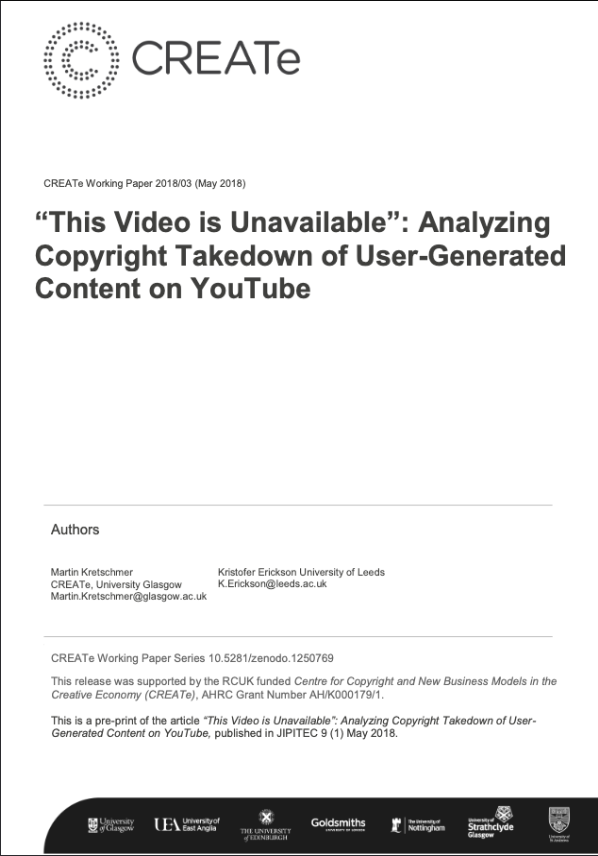 "This Video is Unavailable": Analyzing Copyright Takedown of User-Generated Content on YouTube Front Cover