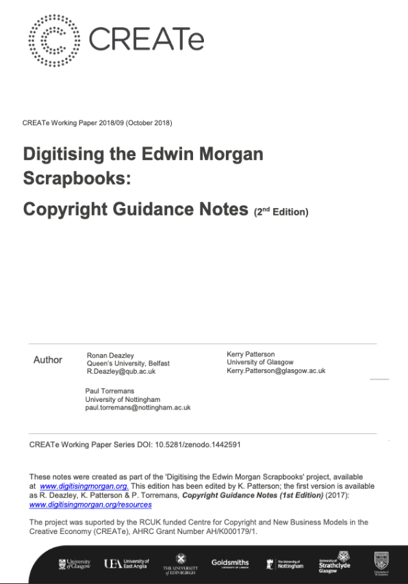 Digitising the Edwin Morgan Scrapbooks: Copyright Guidance Notes Front Cover