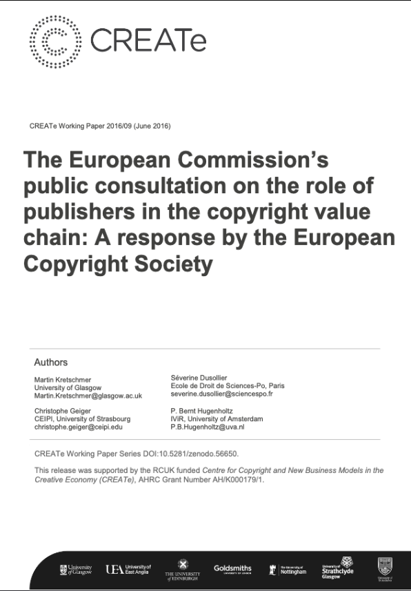 The European Commission’s public consultation on the role of publishers in the copyright value chain: A response by the European Copyright Society
