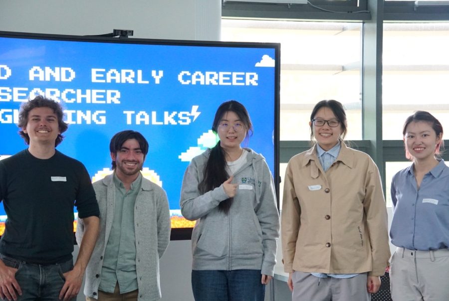 Participants in the Lightning Talks session, from left to right: Oscar Verdoire (Maynooth University), Eoghan Watters (The Irish Game Makers Association), Ruiyu Xu (University of Glasgow), Junxiang Feng (University of Glasgow), and Mingzhu Zhang (University of Galway).