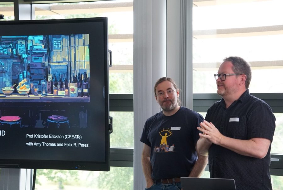 Cyberpunk Noodle Bar Game session featuring Felix Rodriguez Perez and Kristofer Erickson (both University of Glasgow), presenting their work.