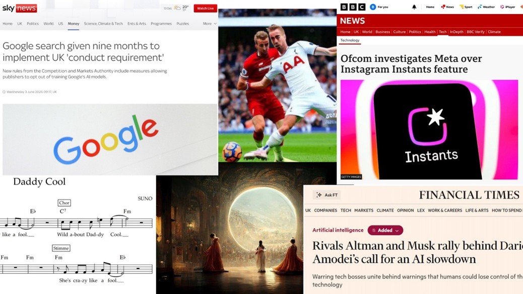 Multi-panel collage combines news screenshots, football photography, artwork and sheet music, presenting varied cultural, technology and current-affairs content. Visible details include Google search regulation, Ofcom’s investigation into Meta’s Instagram Instants, Arsenal and Liverpool players, a “Daddy Cool” score, fantasy artwork, and Financial Times coverage of Armando’s rally.
